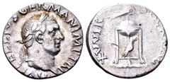 Roman Imperial Vitellius Rome, 69 AD. AR denarius, 2.95 g. mint. Struck circa late April–20 December. A VITELLIVS GERMAN IMP TR P laureate head of Vitellius right / SACR FAC XV VIR tripod-lebes surmou