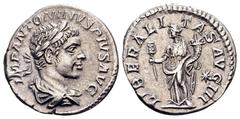 Roman Imperial Elagabal Rome, 220-221 AD. AR denarius, 2,91 g. IMP ANTONINVS PIVS AVG laureate, draped bust of Elagabal right / LIBER ALITAS AVG III Liberalitas standing left, with abacus and cornucop