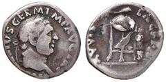 Roman Empire coins ROMANE IMPERIALI - Vitellio (69) - Denario - Testa laureata a d. /R Tripode sormontato da un delfino, all'interno un corvo C. 111; RIC R24 (AG g. 3,09) MB