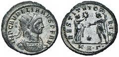 Roman Empire coins ROMANE IMPERIALI - Aureliano (270-275) - Antoniniano (Serdica) - Busto radiato e corazzato a d. /R Una donna stante a s. porge una corona ad Aureliano; in basso una stella RIC 295 (