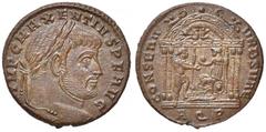 Roman Empire coins ROMANE IMPERIALI - Massenzio (306-312) - Follis (Aquileia) - Busto laureato a d. /R Roma seduta entro tempio tetrastilo porge un globo a Massenzio; nel timpano, due fanciulli RIC 11