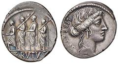 Roman Republic coins ROMANE REPUBBLICANE - JUNIA - L. Junius Brutus (54 a.C.) - Denario - Testa della Libertà a d. /R Il console L. Junius Brutus tra un araldo e due littori B. 31; Cr. 433/1 (AG g. 3,