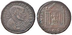 Roman Empire coins ROMANE IMPERIALI - Massenzio (306-312) - Follis (Aquileia) - Busto laureato a d. con mantello imperiale /R Roma di fronte seduta entro tempio esastilo; nel timpano un crescente RIC 