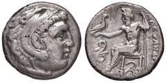 GRECHE - RE DI MACEDONIA - Alessandro III (336-323 a.C.) - Dracma (Babilonia) - Testa di Eracle a d. /R Zeus seduto a s.; nel campo un serpente S. Cop. 939 (AG g. 4,06) Grading BB/qBB