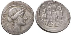 Roman Republic coins ROMANE REPUBBLICANE - JUNIA - L. Junius Brutus (54 a.C.) - Denario - Testa della Libertà a d. /R Il console L. Junius Brutus tra un araldo e due littori B. 31; Cr. 433/1 (AG g. 3,