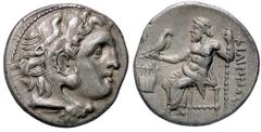 GRECHE - RE DI MACEDONIA - Alessandro III (336-323 a.C.) - Dracma - Testa di Eracle a d. /R Zeus seduto a s. con aquila e scettro, nel campo una lira Muller 339 (AG g. 4,09) BB+.
