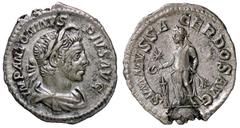 ROMANE IMPERIALI - Elagabalo (218-222) - Denario - Busto laureato e drappeggiato a d. /R Elagabalo stante a s. presso un tripode acceso con ramo e patera, nel campo una stella C. 276; RIC 146 R (AG g.