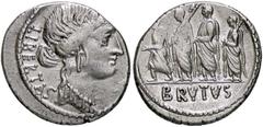 Roman Republic coins ROMANE REPUBBLICANE - JUNIA - L. Junius Brutus (54 a.C.) - Denario - Testa della Libertà a d. /R Il console L. Junius Brutus tra un araldo e due littori B. 31; Cr. 433/1 (AG g. 3,