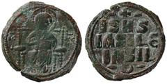 Byzantine coins BIZANTINE - Costantino IX (1042-1055) - Follis (attribuito) - Cristo nimbato in trono di fronte /R Scritta entro cerchio perlinato Sear 1836 (AE g. 9,61) BB.