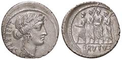 Roman Republic coins ROMANE REPUBBLICANE - JUNIA - L. Junius Brutus (54 a.C.) - Denario - Testa della Libertà a d. /R Il console L. Junius Brutus tra un araldo e due littori B. 31; Cr. 433/1 (AG g. 3,