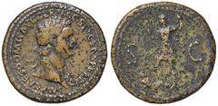Roman Empire coins ROMANE IMPERIALI - Domiziano (81-96) - Sesterzio - Busto laureato a d. con l'egida /R Domiziano stante a s. con lancia e parazonium; ai suoi piedi, il Reno coricato C. 503; RIC 534 