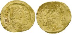 Monete Bizantine Anastasio (491-518) - Semisse databile al periodo 491-498 - Zecca: Costantinopoli - Diritto: busto diademato, drappeggiato e corazzato dell'Imperatore a destra - Rovescio: la Victoria
