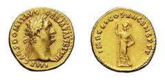 Domiziano (81-96 d.C.) - Aureo databile agli anni 86-88 d.C. Zecca: Roma - Fronte: testa laureata dell'Imperatore a destra - Retro: Minerva stante a sinistra tiene una lancia con la mano destra e un f