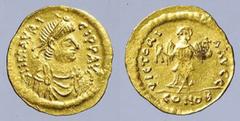 Maurizio Tiberio (582-602) - Semisse databile al periodo 583-602 Zecca: Costantinopoli - Fronte: busto diademato e drappeggiato dell'Imperatore a destra - Retro: la Vittoria in cammino verso destra co