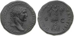 Monete Romane Imperiali Traiano (98-117 d.C.) Dupondio databile agli anni 103-111 d.C. - Zecca: Roma - Diritto: testa radiata dell'Imperatore a destra - Rovescio: trofeo d'armi, due scudi, due spade e