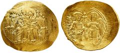 Monete Bizantine Isacco II Angelo (1185-1195) - Hyperpyron - Zecca: Costantinopoli - Diritto: Gesù Cristo benedicente seduto di fronte - Rovescio: l'Imperatore e l'Arcangelo Michele stanti di fronte t