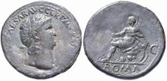 Nerone (54-68 d.C.) - Sesterzio databile al 65 d.C. Zecca: Lugdunum - Fronte: testa laureata dell'Imperatore a destra - Retro: figura femminile elmata, personificazione di Roma, seduta a sinistra sull