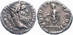 Pertinace (193 d.C.) - Denaro Zecca: Roma - Fronte: testa laureata dell'Imperatore a destra - Retro: l'Imperatore togato stante a sinistra nell'atto di sacrificare con una patera sopra un tripode - gr