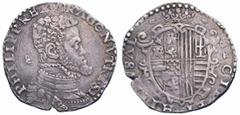 Filippo II di Spagna (1554-1598) - Mezzo Ducato Zecca: Napoli - Fronte: busto paludato e corazzato di Filippo II a destra - Retro: stemma entro cartella ornata e coronata - gr. 14,64 - Patina di medag