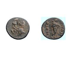 Lydia - Maionia - Secolo II d.C., periodo di Marco Aurelio - AE 19 Fronte: testa barbuta di Eracle a sinistra - Retro: Omphale, mitica regina di Lydia, in movimento verso destra con la pelle del leone