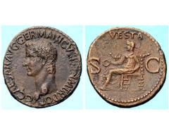 Caligola (37-41 d.C.) - Asse databile agli Anni 37-38 d.C. Zecca: Roma - Fronte: testa dell'Imperatore a sinistra - Retro: Vesta seduta a sinistra tiene una patera con la mano destra e uno scettro con