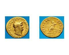 Nerone (54-68 d.C.) - Aureo databile agli anni 66-67 d.C. Zecca: Roma - Fronte: testa laureata dell'Imperatore a destra - Retro: Giove seduto a sinistra tiene un fulmine con la mano destra e un lungo 