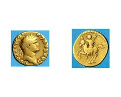 Domiziano (81-96 d.C.) - Aureo con il titolo di Cesare databile al 73 d.C. Zecca: Roma - Fronte: testa laureata dell'Imperatore a destra - Retro: l'Imperatore a cavallo verso sinistra, tiene uno scett