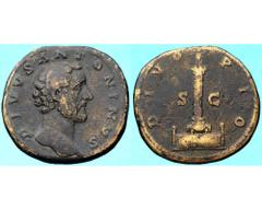 Antonino Pio (138-161 d.C.) - Sesterzio postumo di consacrazione Zecca: Roma - Fronte: Testa dell'Imperatore a destra - Retro: colonna erettta su basamento cintato, sulla quale campeggia la statua del