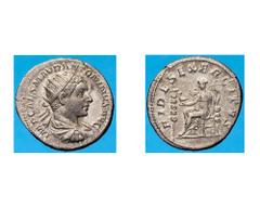 Eliogabalo (218-222 d.C.) - Antoniniano Zecca: Roma - Fronte: busto radiato, drappeggiato e corazzato dell'Imperatore a destra - Retro: la Fides seduta a sinistra tiene un'aquila con la mano destra e 
