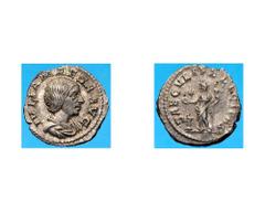 Eliogabalo (218-222 d.C.) - Denaro al nome e con l'effigie di Giulia Mesa, nonna dell'Imperatore Zecca: Roma - Fronte: busto drappeggiato di Giulia Mesa a destra - Retro: la Felicitas stante a sinistr