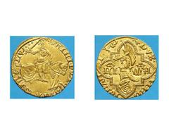 Filippo Maria Visconti (1412-1447) - Fiorino d'oro Fronte: Filippo Maria a cavallo verso destra brandisce una spada con la mano destra - Retro: il biscione dei Visconti entro una cornice quadrilobata 