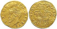 Filippo II di Spagna (1556-1598) - Scudo d'oro del Sole Zecca: Milano - Fronte: testa radiata di Filippo II a sinistra, sormontata da un sole raggiante - Retro: stemma ornato, sormontato dalla corona 