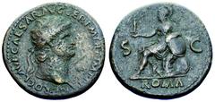 Nerone (54-68 d.C.) - Sesterzio databile al 65 d.C. Zecca: Roma - Fronte: testa laureata dell'Imperatore a destra - Retro: Roma seduta a sinistra su una corazza tiene una piccola Vittoria con la mano 