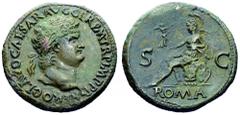 Nerone (54-68 d.C.) - Sesterzio databile al 65 d.C. Zecca: Lugdunum - Fronte: testa laureata dell'Imperatore a destra - Retro: Roma seduta a sinistra su una corazza tiene una piccola Vittoria con la m
