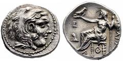 Alessandro III (336-323 a.C.) - Dracma postuma databile al periodo 305-297 a.C. Zecca: Magnesia ad Maeandrum - Fronte: testa di Eracle a destra ricoperta dalle fauci del leone - Retro: Zeus seduto a s