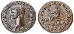 Sesterzio al nome e con l’effigie di Nerone Druso, padre dell’Imperatore, databile al periodo 50-54 d.C. - Zecca: Roma - Diritto: testa di Nerone Druso a sinistra - Rovescio: Claudio in toga seduto a 