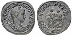 Sesterzio al nome e con l’effigie di Filippo II, figlio dell’Imperatore, databile al periodo 246-249 d.C. - Zecca: Roma - Diritto: busto laureato e drappeggiato di Filippo II a destra - Rovescio: l’Im