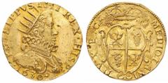 Filippo IV di Spagna (1621-1665) - 2 Doppie 1630 - Zecca: Milano - Diritto: busto radiato paludato e corazzato di Filippo IV a destra con il collare alla spagnola - Rovescio: stemma ornato, chiuso in 