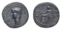 Monete Romane Imperiali Caligola (37-41 d.C.) Asse databile agli anni 37-38 d.C. - Zecca: Roma - Diritto: testa dell'Imperatore a sinistra - Rovescio: Vesta seduta a sinistra tiene una patera con la m