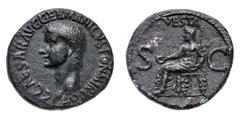 Monete Romane Imperiali Caligola (37-41 d.C.) Asse databile agli anni 37-38 d.C. - Zecca: Roma - Diritto: testa dell'Imperatore a sinistra - Rovescio: Vesta seduta a sinistra tiene una patera con la m