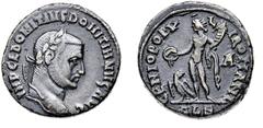 Monete Romane Imperiali Domizio Domiziano, usurpatore (297-298 d.C.) Follis - Zecca: Alessandria d'Egitto - Diritto: testa laureata di Domizio Domiziano a destra - Rovescio: il Genio stante a sinistra