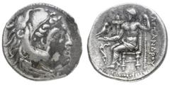 Monete Greche - Macedonia Alessandro III (336-323 a.C.) - Dracma postuma databile al periodo 310-275 a.C. - Zecca: incerta - Diritto: testa di Eracle a destra ricoperta dalle fauci del leone - Rovesci