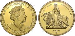 WORLD Saint Helena, East India Company, Elizabeth II (1952-2022), gold proof Two Ounces of Five Pounds, 2021, Una and the Lion, struck in .999 fine gold, crowned bust right, Latin legend and ornate bo