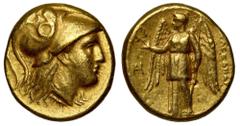 Ancient Coins Macedon, Alexander the Great (336-323 BC), gold Stater, lifetime issue, Miletus, 325-323 BC, helmeted head of Athena right, thunderbolt below neck, rev. [Α]ΛΕΞΑΝΔΡ[ΟΥ], Nike standing lef