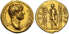 Ancient Coins Hadrian (AD 117-138), gold Aureus, Rome, c. AD 132-134, HADRIANVS AVGVSTVS, bare head right, aegis on left shoulder, rev. COS III .P.P., Hadrian, dressed in military attire, standing lef