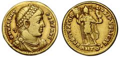 Ancient Coins Valens (AD 364-378), gold Solidus, Antioch, AD 364 onwards, DN VALENS-PER F AVG, pearl diademed, draped and cuirassed bust right, rev. RESTITVTOR REIPVBLICAE, ANTΘ●, emperor standing fac