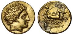 ANCIENT GREEK Kings of Macedon, Philip II (359-336 BC), posthumous gold Stater, time of Philip III to Kassander, Pella, c. 323-315 BC, laureate head of Apollo right, rev. charioteer driving biga right