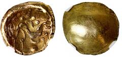 ANCIENT BRITISH † Celtic, Gaul, Ambiani, gold Stater, Gallic Wars issue, c. 55 BC, obverse plain and convex, rev. disjointed horse right, pellets and crescents, 6.03g (cf ABC 16; Van Arsdell 52-1). Gr