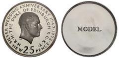 MODERN GB Elizabeth II (1952-2022), silver pattern Crown, 1972, Royal Wedding Anniversary reverse model by Humphrey Paget, bare head of Prince Philip right, initial HP below truncation, inscription SI
