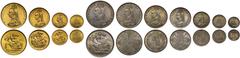 BRITISH Victoria (1837-1901), currency four gold and seven silver coin set, 1887, Golden Jubilee year, in rectangular modern fitted case, gold Five Pounds, Two Pounds, Sovereign, Half-Sovereign, silve